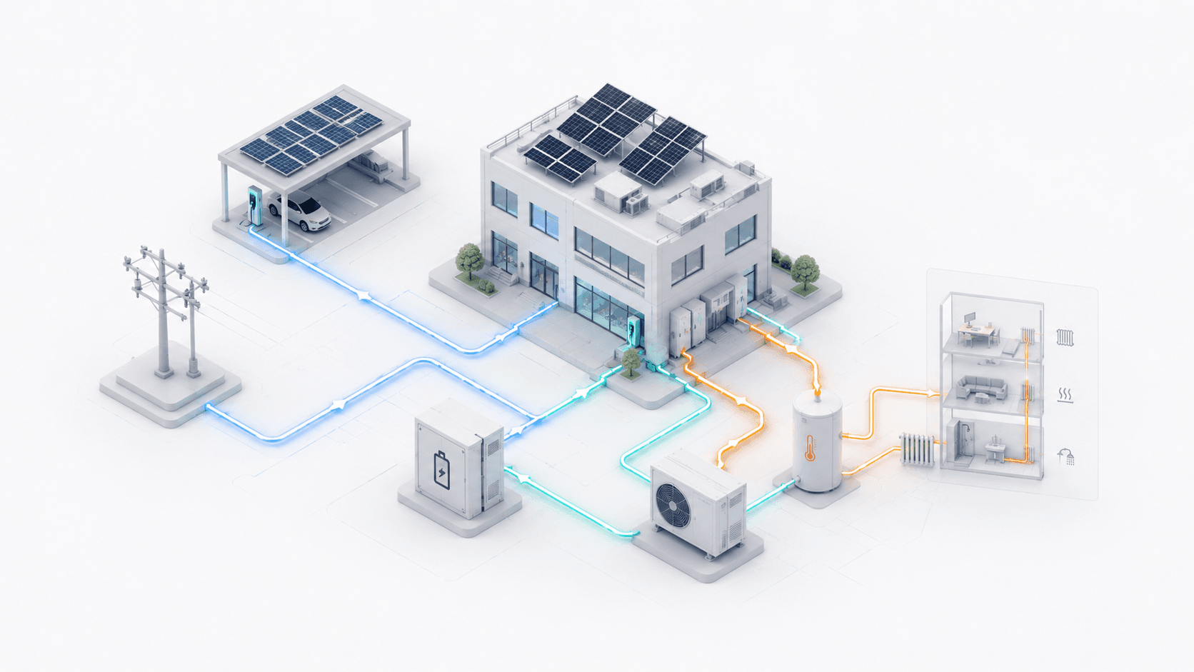 Keaflow — Isometrisches Quartier mit PV-Carport, Bürogebäude mit Aufdach-PV, Batteriespeicher, Wärmepumpe, Wärmespeicher und Wohngebäude